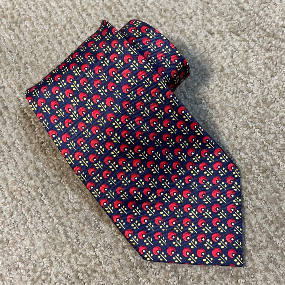 Burberrys Necktie Mens Navy Blue Red Floral Silk England Designer Vintage